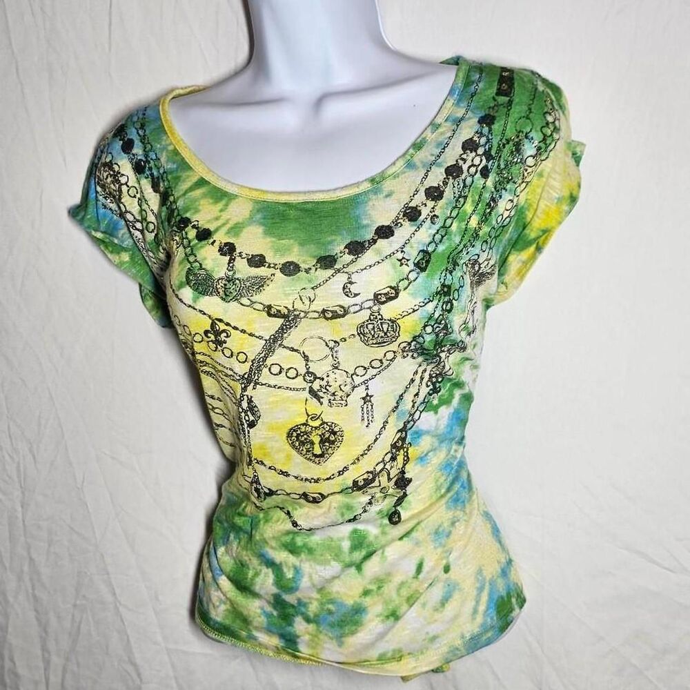 vintage y2k 2000s bongo scene grunge wide neck tie dye green top